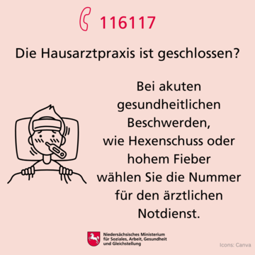 Die Hausarztpraxis ist geschlossen? Bei akuten Beschwerden, wie Hexenschuss oder hohem Fieber wählen Sie die Nummer für den ärztlichen Notdienst 116117.