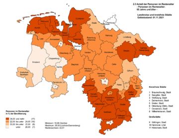 Städte Niedersachsens am 31.12.2021 − Anteil der Personen im Rentenalter − Personen im Alter von 65 Jahren und älter