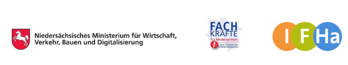 Logo Ministerium für Wirtschaft, Verkehr, Bauen und Digitalisierung, Logo Fachkräfte für Niedersachsen, Logo IFHa